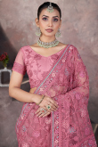 Dark Pink Net Embroidered Fancy Saree for Festival 