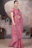Dark Pink Net Embroidered Fancy Saree for Festival 