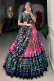 Dark Pink Tussar Silk Printed Flared Style Chaniya Choli