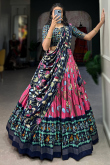 Dark Pink Tussar Silk Printed Flared Style Chaniya Choli