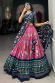 Dark Pink Tussar Silk Printed Flared Style Chaniya Choli