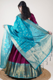 Dark Pink Weaved Zari Silk South Indian Style Lehenga 