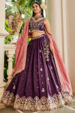 Dark Purple A Line Tissue Embroidered Lehenga For Wedding 