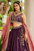 Dark Purple A Line Tissue Embroidered Lehenga For Wedding 