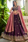 Dark Purple A Line Tissue Embroidered Lehenga For Wedding 