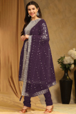 Dark Purple Georgette Sequins Embroidered Straight Cut Suit