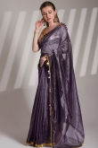 Dark Purple Net Embroidered Shimmer Saree