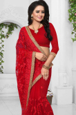 Dark Red Net Saree With Silk Blouse