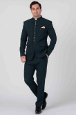 Dark Teal Green Viscose Jodhpuri Style Plain Men's Coat Pant 