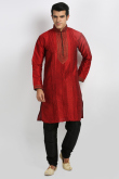 Deep Red Art Silk Churidar Men Kurta 