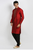 Deep Red Art Silk Churidar Men Kurta 