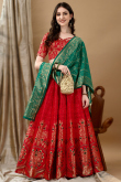Deep Red Art Silk Woven Zari Panelled Style Lehenga