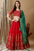 Deep Red Art Silk Woven Zari Panelled Style Lehenga