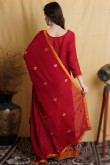 Deep Red Chinnon Embroidered Straight Cut Palazzo Suit 