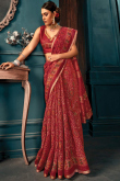 Saree in Deep Red Cotton for Party Wear with Printed
