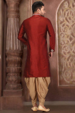 Men Kurta Pajama in Dupion Silk Deep Red for Sangeet