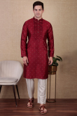 Deep Red Dupion Silk Embroidered Straight Cut Men's Kurta Pajama