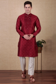 Deep Red Dupion Silk Embroidered Straight Cut Men's Kurta Pajama