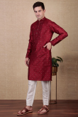 Deep Red Dupion Silk Embroidered Straight Cut Men's Kurta Pajama