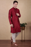 Deep Red Dupion Silk Embroidered Straight Cut Men's Kurta Pajama
