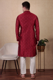 Deep Red Dupion Silk Embroidered Straight Cut Men's Kurta Pajama