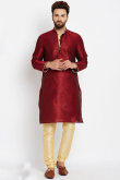 Deep Red Dupion Silk Men's Kurta With Churidar