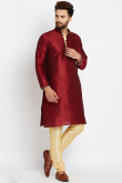 Deep Red Dupion Silk Men's Kurta With Churidar