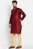 Deep Red Dupion Silk Men's Kurta With Churidar