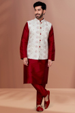 Deep Red Dupion Silk Straight Cut Men Kurta Churidar