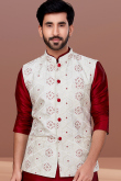 Deep Red Dupion Silk Straight Cut Men Kurta Churidar