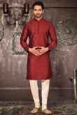 Deep Red Dupion Silk Straight Cut Men Kurta Pajama