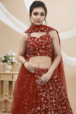 Deep Red Embroidered Flared Style Georgette Lehenga 