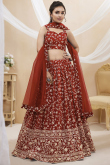 Deep Red Embroidered Flared Style Georgette Lehenga 