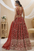 Deep Red Embroidered Flared Style Georgette Lehenga 