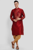 Deep Red Foil Print Dupion Silk Men's Kurta With Dhoti 