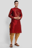 Deep Red Foil Print Dupion Silk Men's Kurta With Dhoti 