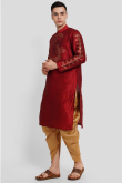 Deep Red Foil Print Dupion Silk Men's Kurta With Dhoti 