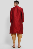 Deep Red Foil Print Dupion Silk Men's Kurta With Dhoti 