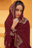 Deep Red Georgette Embroidered Churidar Suit