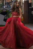 Deep Red Georgette Embroidered Flared Style Lehenga 