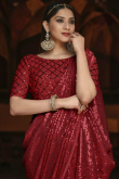 Deep Red Georgette Sequins Embroidered Saree for Women