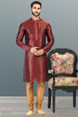 Deep Red Traditional Sangeet Men Kurta Pajama in Jacquard
