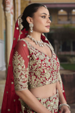 Deep Red Net Embroidered A Line Lehenga 