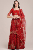 Lehenga for Party Wear in Net Deep Red with Resham embroidery