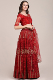 Lehenga for Party Wear in Net Deep Red with Resham embroidery