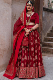 Deep Red Organza Embroidered Bridal Lehenga