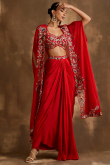 Deep Red Organza Embroidered Top With Indo-Western Dhoti
