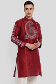 Deep Red Printed Dupion Silk Men's Kurta For Sangeet 