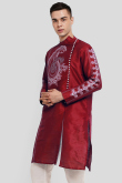 Deep Red Printed Dupion Silk Men's Kurta For Sangeet 