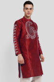 Deep Red Printed Dupion Silk Men's Kurta For Sangeet 